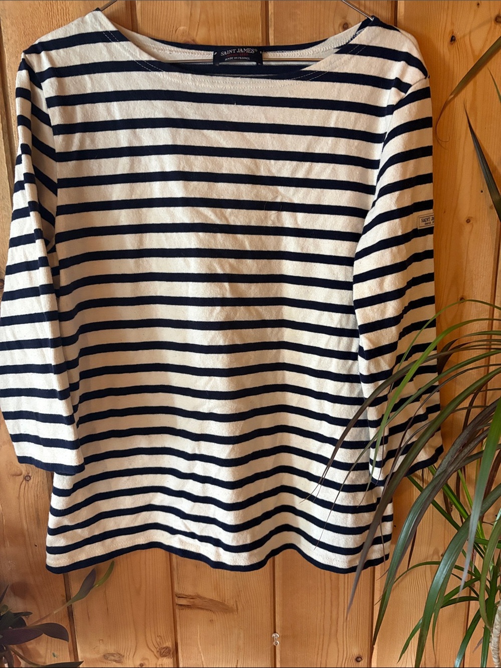Saint James Cream and Navy Striped Boatneck Long Sleeve Top